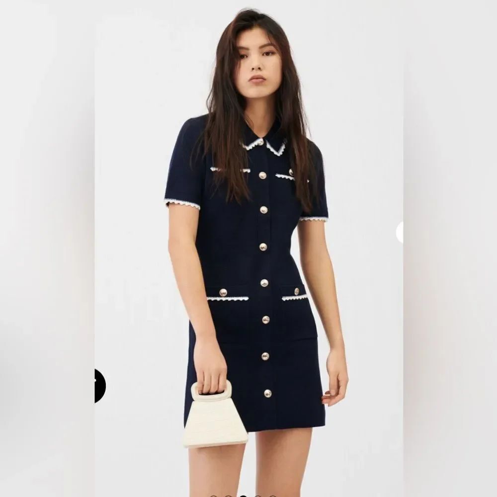 Maje Roliano Navy Scalloped Trim Dress Knit Short Sleeve Button-Up Size 38